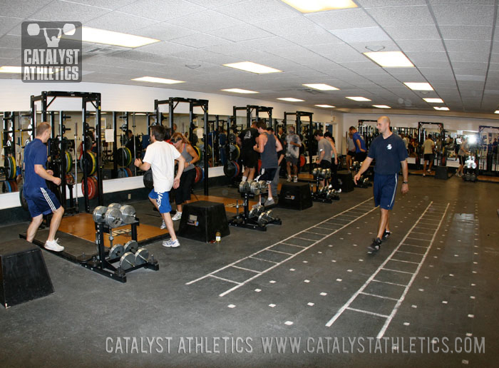 USD strength & conditioning coach Stephane Rochet leading warm-up drills at the Patch/Weightlifting seminar last weekend - Olympic Weightlifting, strength, conditioning, fitness, nutrition - Catalyst Athletics 